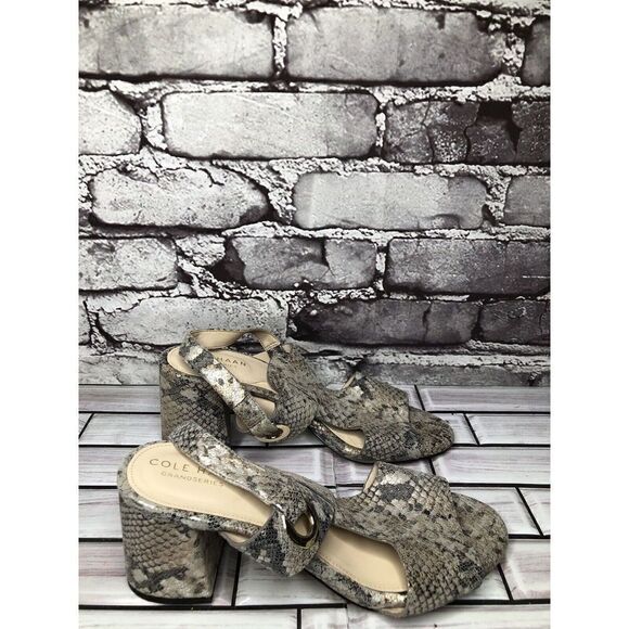 Cole Haan Grand OS Taupe Shimmer Leather Open Block Heel Sandals 5B US/35.5EU - Picture 5 of 16